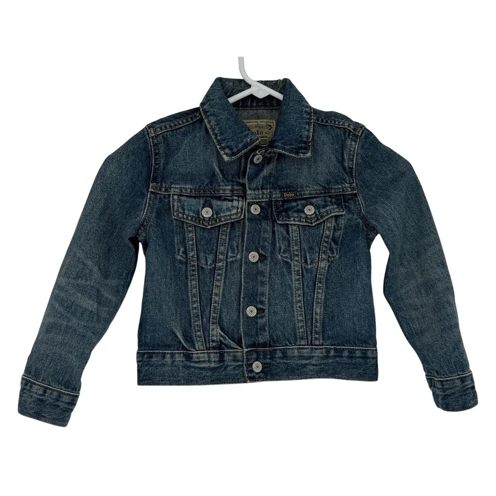 Polo Ralph Lauren Kids Denim Jacket Blue Medium Wash Distressed Trucker Size 5
